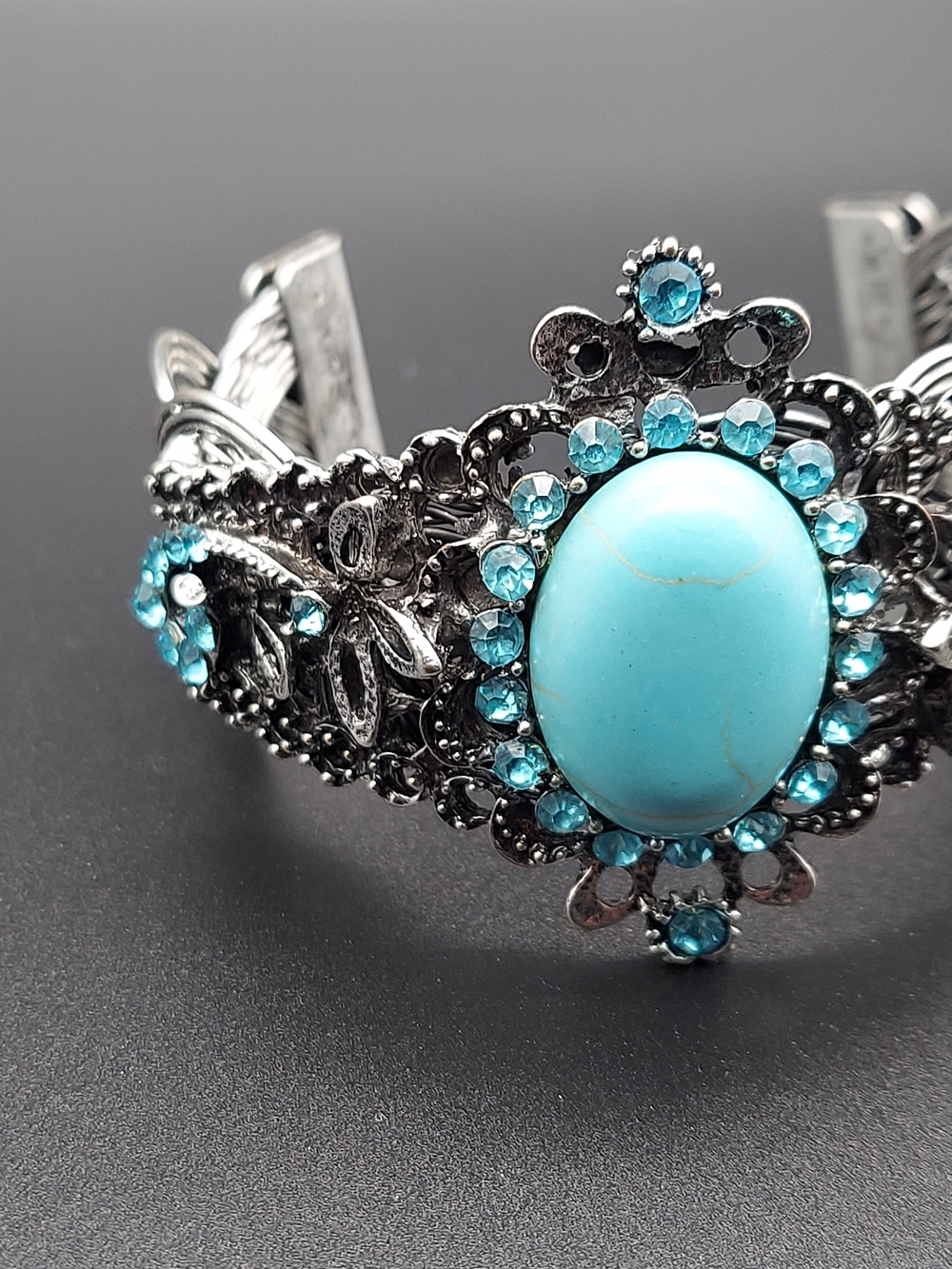 Turquoise Cabochon Filigree Cuff Bracelet - Blue Silver-Tone